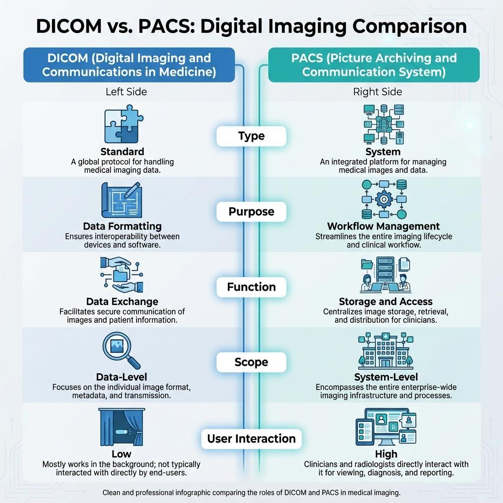 DICOM vs PACS comparison infographic showing differences between medical imaging standard and system
